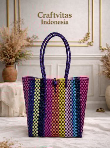Multicolor handwoven plastic tote bag with vertical stripe batik pattern, handmade woven bag from Indonesia