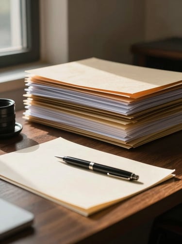 Close-up of organized desk surface in a stone-walled office, neatly stacked folders and a pen resting on cream paper, soft afternoon window light from the left casting gentle shadows