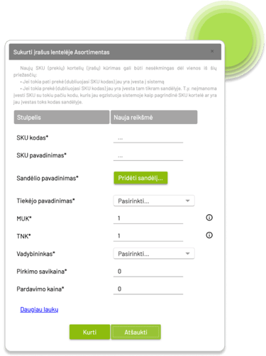 FluentSTOCK naujo SKU (prekės) sukūrimo forma. Tiekimo grandinės valdymas