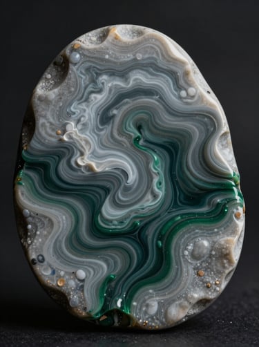 Macro photography of an abstract resin piece with swirling Pebble Grey and Deep Green pigments, mimicking the movement of storm clouds, shot with dramatic side lighting in a International / Global studio.