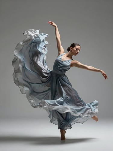 A high-speed photography shot of a North American / US dancer in motion, wearing flowing silk garments in soft blue-grey, captured in a minimalist studio with artistic motion blur and soft lighting.