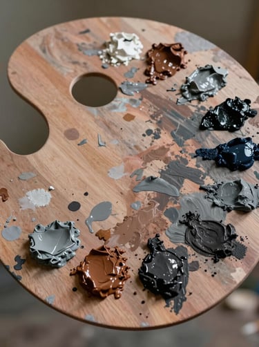 A professional artist palette with smears of brownish grey and dark charcoal paint, soft lighting, curated studio atmosphere, International / Western.