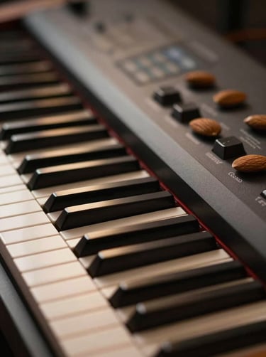 Close-up of a synthesizer keyboard with warm light hitting the keys, soft almond and deep espresso color palette, elegant and modern studio setting.