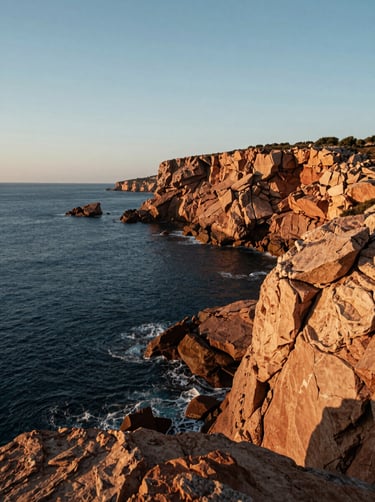 Cinematic wide shot of a rugged Iberian coastal cliff at golden hour, the deep blue sea meeting the warm terracotta rocks, peaceful and vast composition.