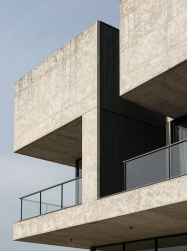 Architectural photography of a contemporary concrete building in Olinda, sharp lines against a clear sky, soft off-white textures, carbon black metal details, editorial style with technical rigor.