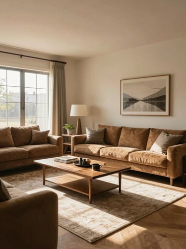 Cinematic wide shot of a modern North American / US living room filled with morning sun, soft sand walls and warm earth brown furniture.