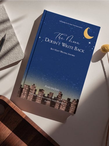 The display of the poetry book, "The Moon Doesn't Write Back" by the author, Aarushi Jain