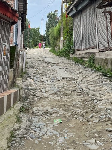 Narrow half-paved road.