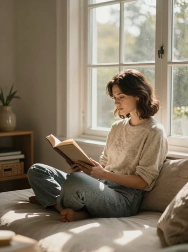A cinematic lifestyle shot of a woman reading a book by a large window in a North American home, bathed in warm Soft Sand sunlight with gentle shadows.