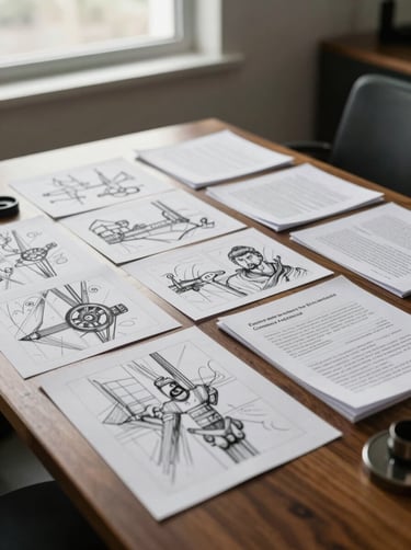 A collection of cinematic storyboards laid out on a dark wooden table in a North American production office. Soft off-white light spills from a window, highlighting detailed sketches and professional scripts.
