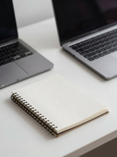 A minimalist, high-end desk setup with a sleek laptop and a sketchbook, captured in a clean, professional style. The lighting is soft and natural, emphasizing textures. The palette includes #778DA9 and #E0E1DD for a modern, creative vibe.