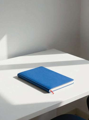 A minimalist North American creative studio workspace with a clean white desk, a single cerulean blue notebook, and sharp geometric shadows cast by window light.