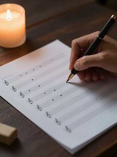 Close-up of hands writing musical notes on a staff paper by candlelight on a dark desk. Cinematic, warm soft white light, South American / Colombian setting.