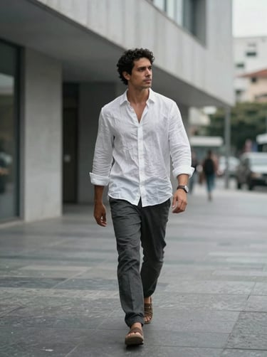 Full-body photography of a stylish man in a ghost white linen shirt walking through a modern minimalist architectural space in a South American city, soft natural lighting, slate gray shadows.