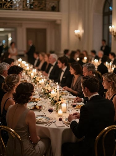 A high-end gala dinner in a North American / European grand hall, bokeh lights from candles, elegant guests in formal wear, midnight black and warm taupe tones.