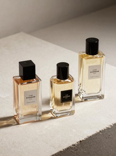 Commercial product shot of luxury perfume bottles on a smooth off-white stone surface. Soft shadows and clean lines under professional studio lighting. International / Professional.