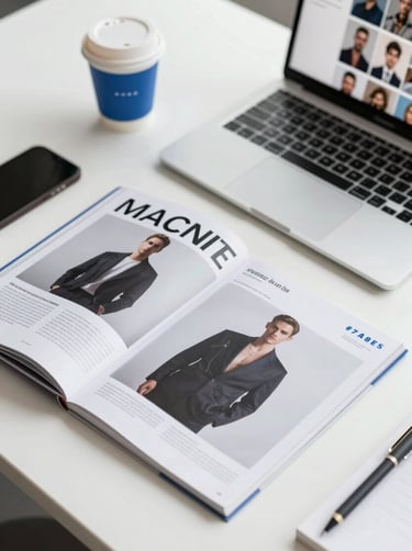 Top-down view of an office desk with high-end fashion magazines, a laptop displaying talent profiles, and a designer coffee cup, featuring #74A8AE accents.