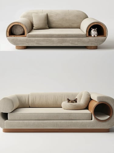 Pet-friendly outdoor living space with comfortable furniture, cozy atmosphere and stylish Scandinavian-inspired design.