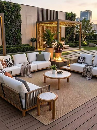 Comfortable garden retreat with outdoor seating, natural greenery, ambient lighting and cozy outdoor