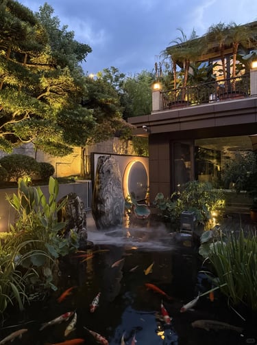Lush garden retreat with layered plants, water features, warm evening lighting, and tranquil outdoor