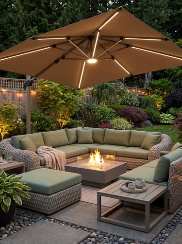 Comfortable garden retreat with outdoor seating, natural greenery, ambient lighting and cozy outdoor lifestyle inspiration.