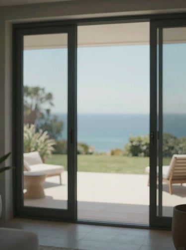 Looking through floor-to-ceiling glass doors onto a sun-drenched private terrace, cinematic and peaceful.