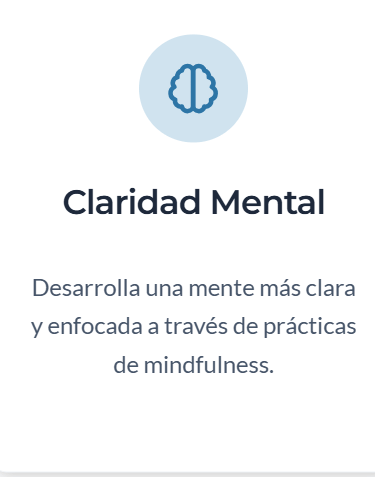 Brain icon with Spanish text 'Claridad Mental' and mindfulness practices description.