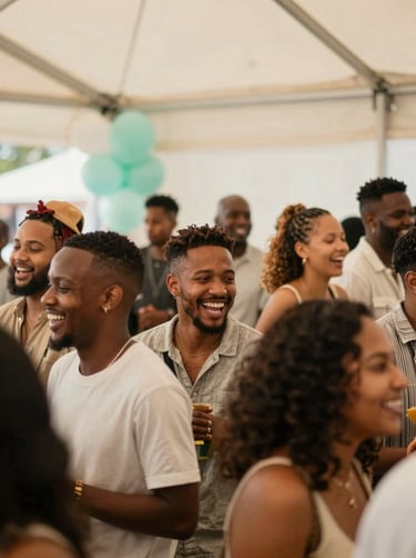 A vibrant indoor party scene in a South African venue, capturing candid laughter of guests with warm lighting and a festive atmosphere, showcasing soft off-white and pale seafoam decor.