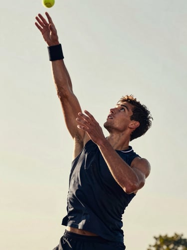 Dynamic low-angle shot of a tennis player mid-serve, sweat flying, intense focus, crisp morning light, high contrast with #F2F1ED background tones.