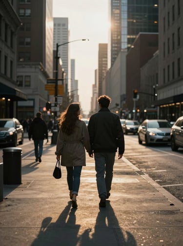 Cinematic street photography of a couple walking through a North American city downtown at sunset. High contrast Charcoal shadows and golden Soft Sand light.