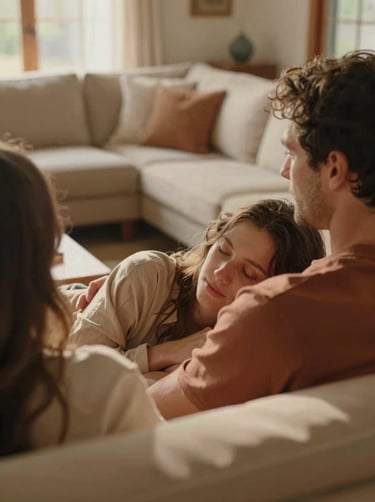 A cinematic close-up of a couple sharing a quiet moment in a sun-drenched North American living room. Soft sand and terracotta tones dominate the textiles. Authentic, warm, and personal lifestyle photography.