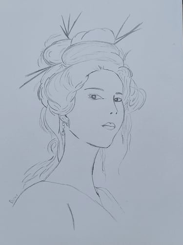 Dibujo a lápiz hecho por Óscar Ocaña Parrón; una mujer oriental mira con desafio al espectador