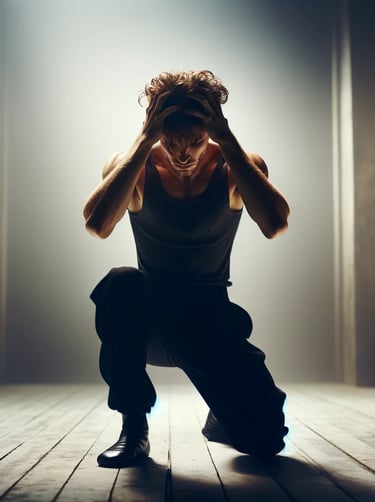 male dancer that is frustrated and kneels on a wooden stage