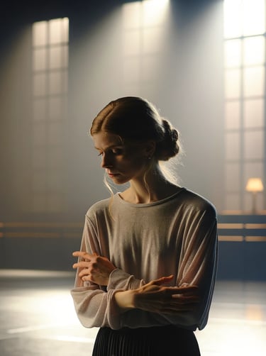 sad-looking female dancer with a ballet classroom in the background