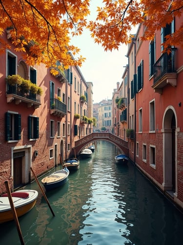 a canal in autumn with boats on the water