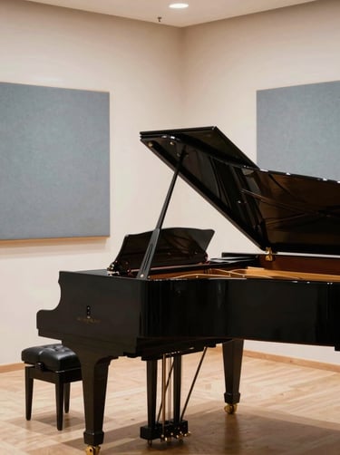 A professional recording session of a grand piano in a room with warm acoustic treatments. The composition is clean and minimalist, using off-white and blue-grey tones. Southern European / Spanish recording environment.