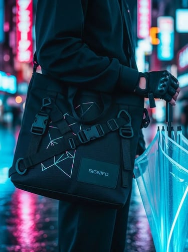 Tas hitam bergaya techwear dari kanvas SIGNIFO di tengah kota dengan lampu neon.