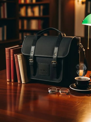 Tas satchel hitam klasik dari kanvas SIGNIFO di atas meja kerja kayu.