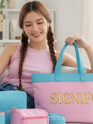 Koleksi tote bag dari kain kanvas SIGNIFO dalam warna pink dan aqua.