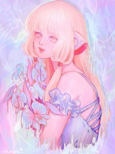 Dreamy portrait with painterly texture, pastel palette, elegant bucket of lilies and a dozing look.