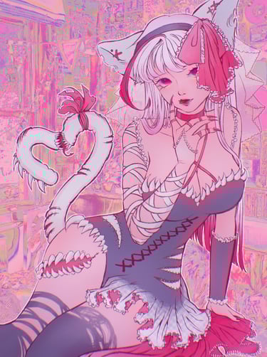 Pink gorey catgirl wearing a short dress and sitting in a sensual pose. Vibrant palette.