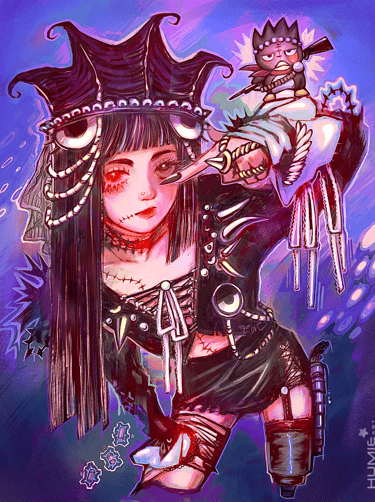 Cool girl in a pirate outfit, funky hat and stitches on the skin. Colourful palette.