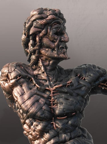 Sculpture made by recycling old bicycle tyres over a welded steel frame. Recycled sculpture