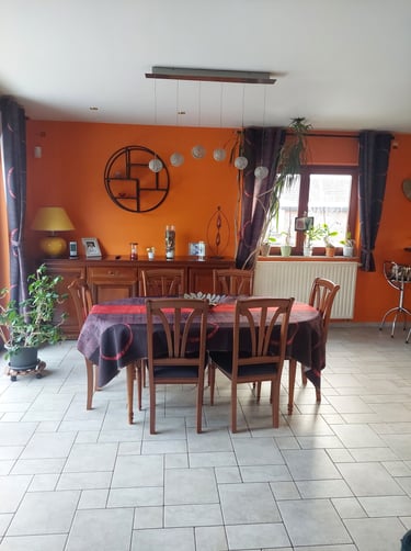 Photo avant conception, d'une salle à manger en bois foncé avec des murs orange