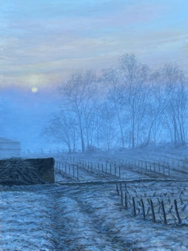 Tableau à l'huile - Lever de soleil dans le brouillard