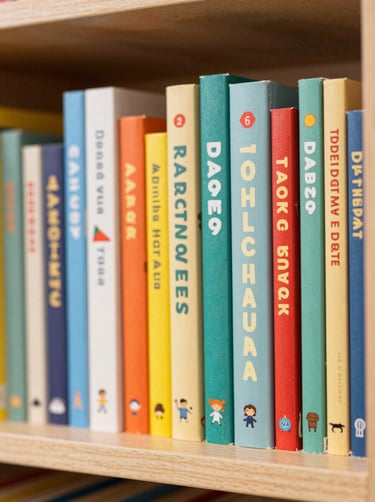 A close-up of vibrant children's book spines on a light wood shelf, showcasing diverse colors and playful typography, soft and inviting lighting, incorporating #7A9E9F and #D4B281.