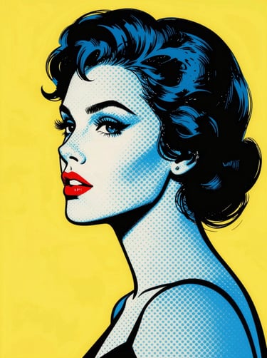 Pop Art style illustration of a female profile in profile view, heavy black ink outlines, blue #0050B3 skin highlights with white #FDFDF5 halftone dot patterns, red #D4202B lips, flat color background, vintage comic book aesthetic.