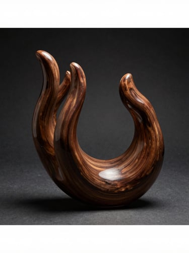 Moody studio photograph of a sculptural hand-blown glass object, dramatic lighting highlighting elegant curves and deep walnut brown shadows. Clean dark background, artistic museum-style catalog layout.