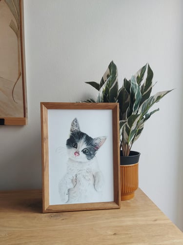 A4 size of a framed hand drawn portrait of a black and white cat