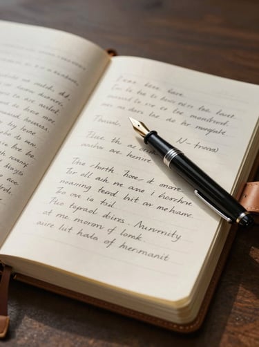 An open leather-bound notebook with handwritten lyrics, a fountain pen resting on a soft cream parchment page, soft morning light in a North American / US studio.